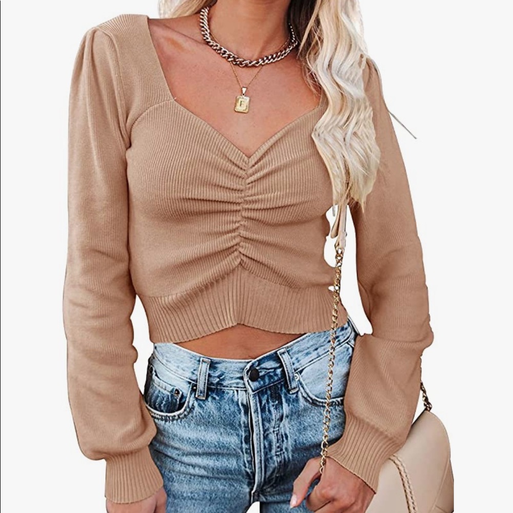 V Neck Long Sleeve Knit Ruched Tops Ribbed Off Shoulder Crop Pullover Sweater